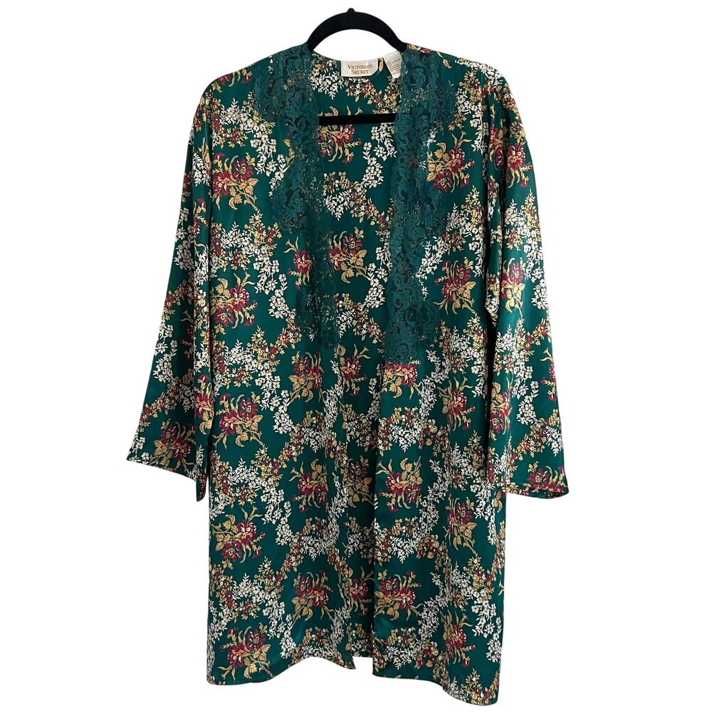 Vtg Victoria's Secret Gold Label Satin Kimono Robe Green Floral Lace One Size